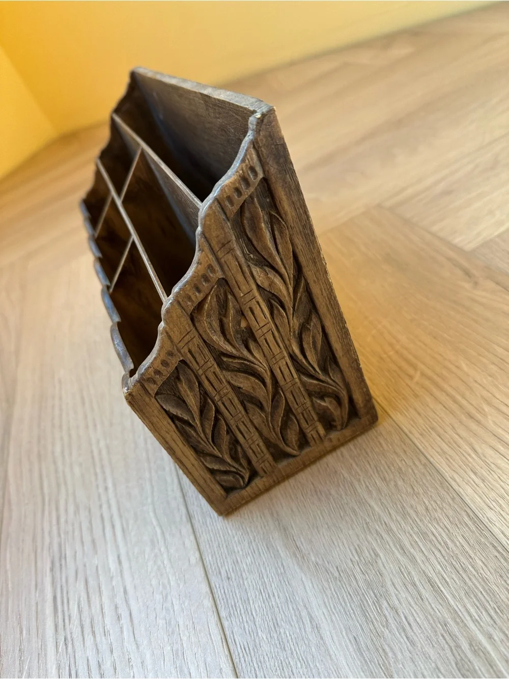 Carved Wooden Desk Organizer - Brown